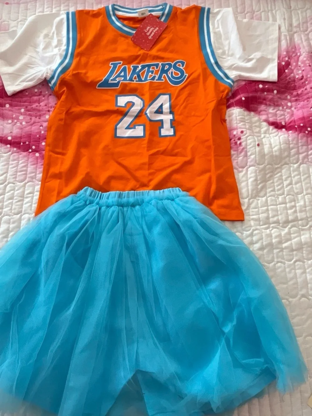 Kids Orange Jersey Costume with Blue Tulle Skirt